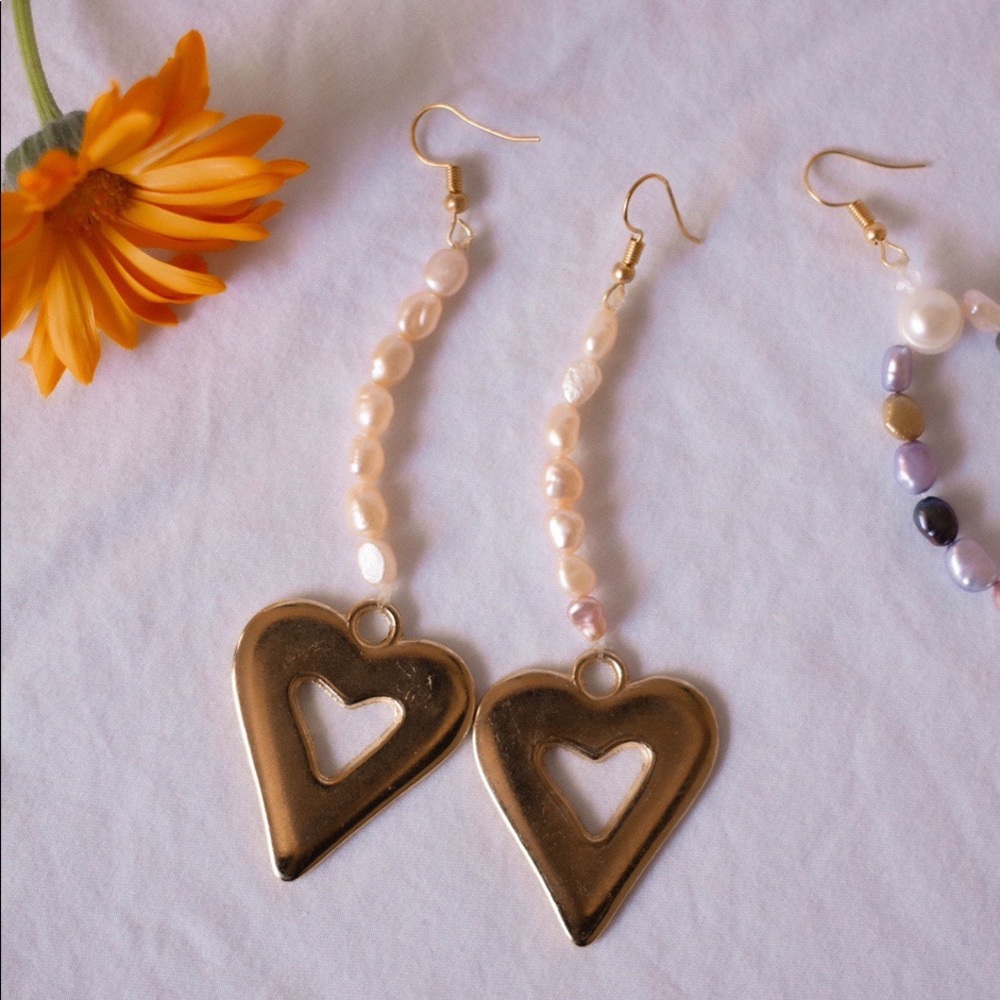 Handmade Pink Pearl & Gold Heart Earrings